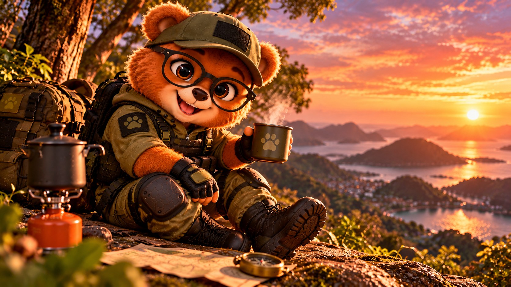 Dudu descansando no acampamento ao pôr do sol