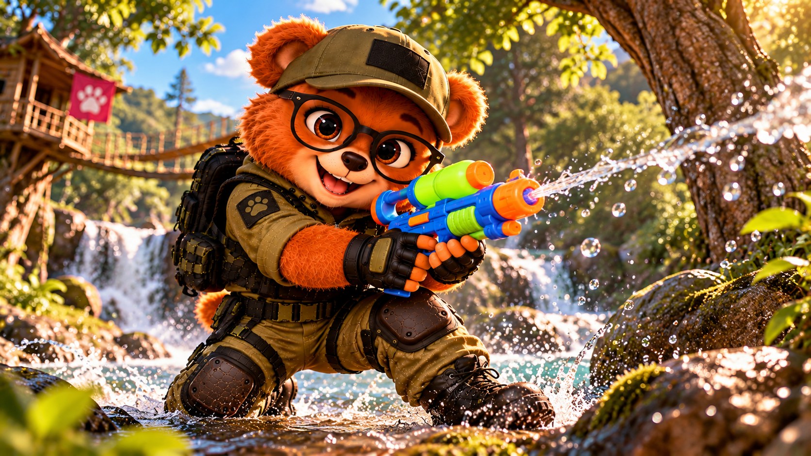 Dudu brincando com lançador de água colorido na cachoeira