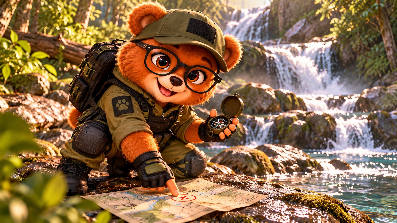 Dudu explorando um mapa junto à cachoeira