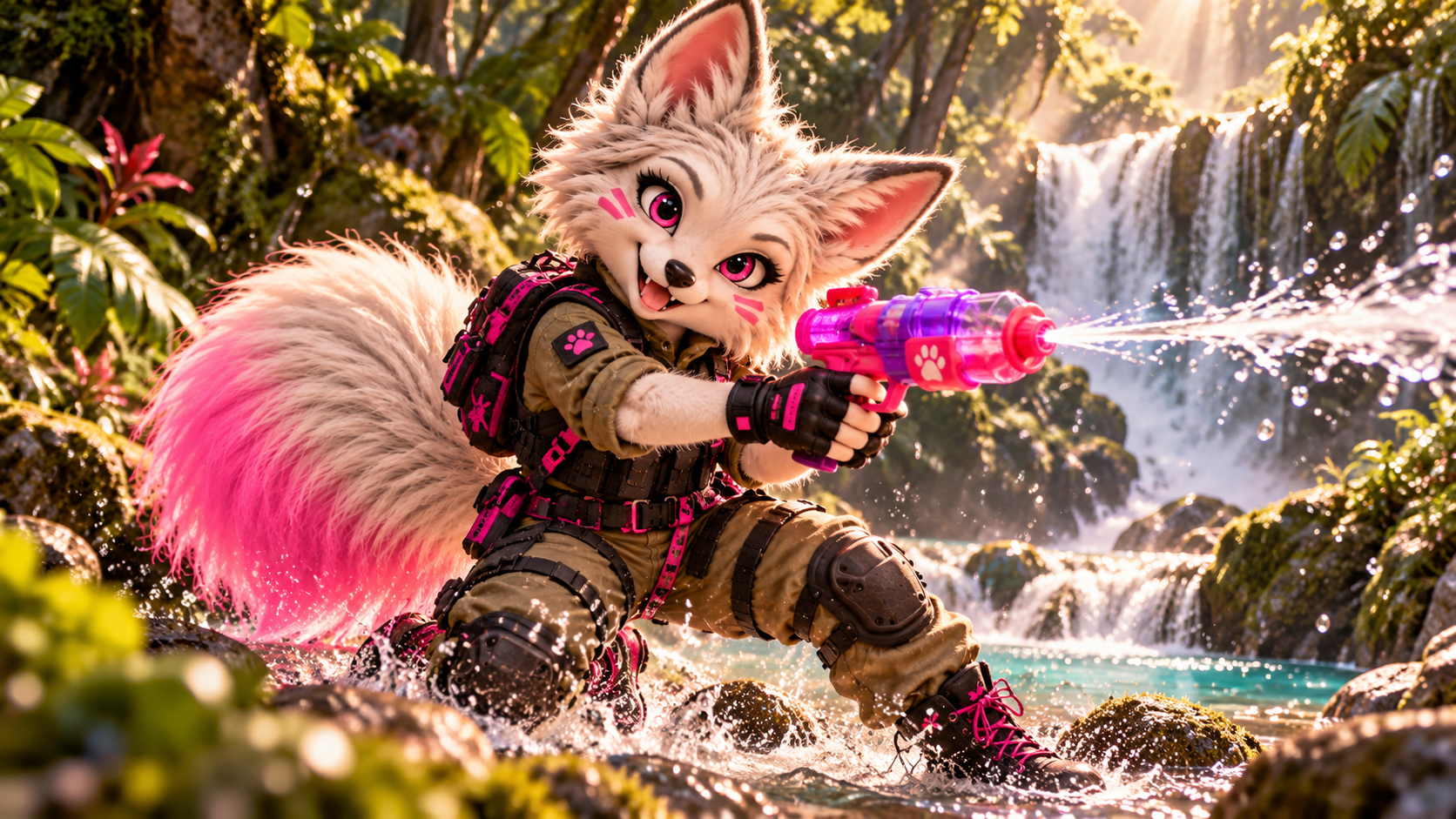 Lola brincando com uma pistola de água rosa na cachoeira