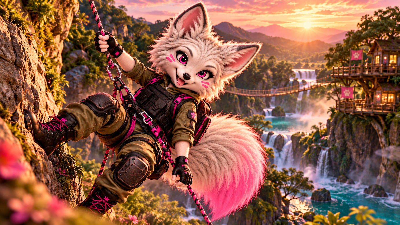 Lola escalando com corda em uma aventura na cachoeira
