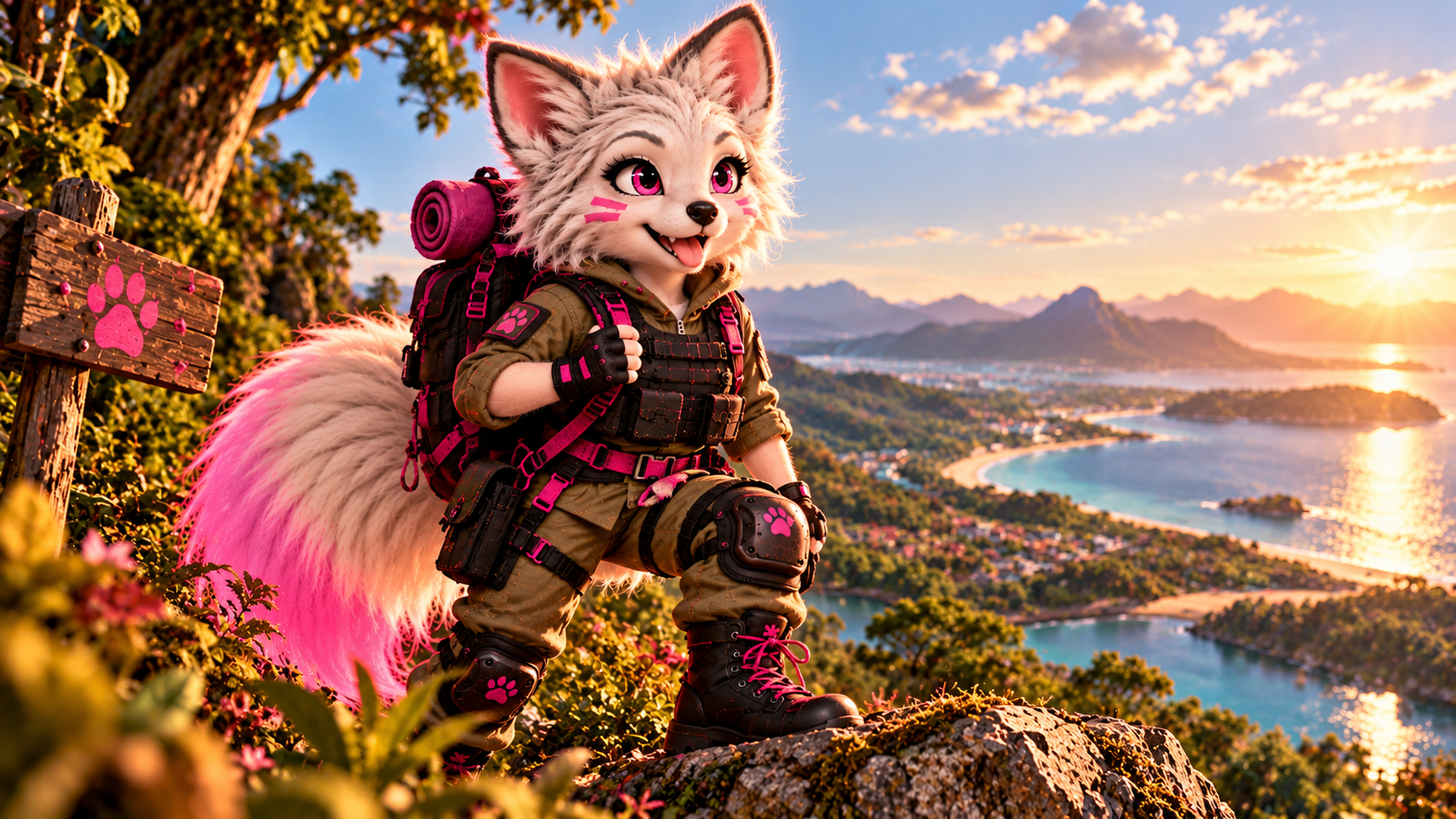 Lola explorando uma paisagem dourada