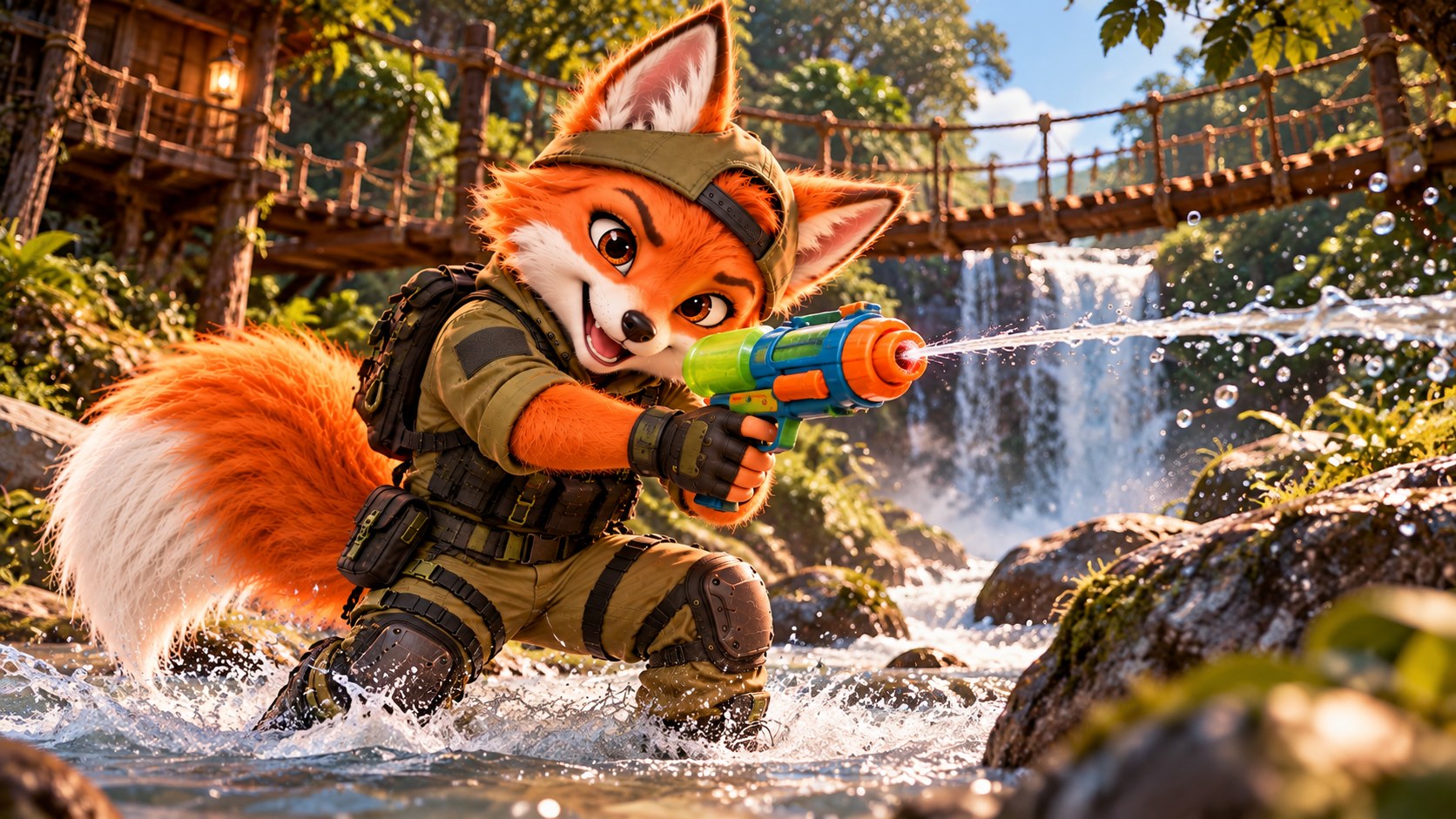 Nico brincando com lançador de água colorido na cachoeira