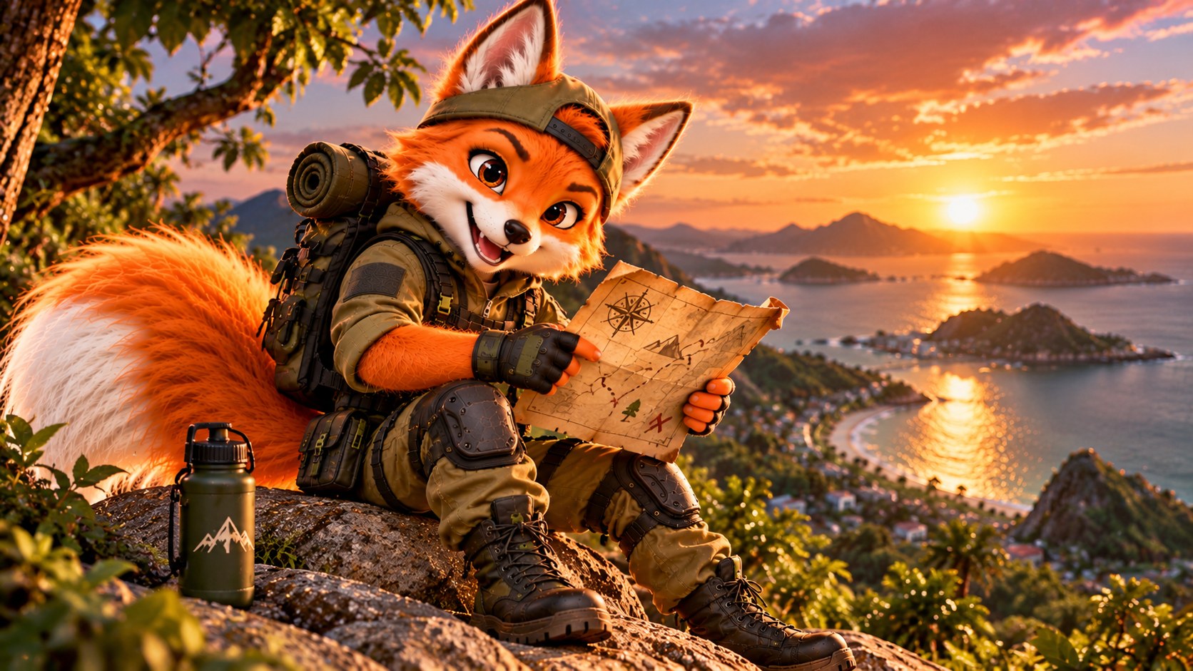 Nico explorando um mapa ao pôr do sol