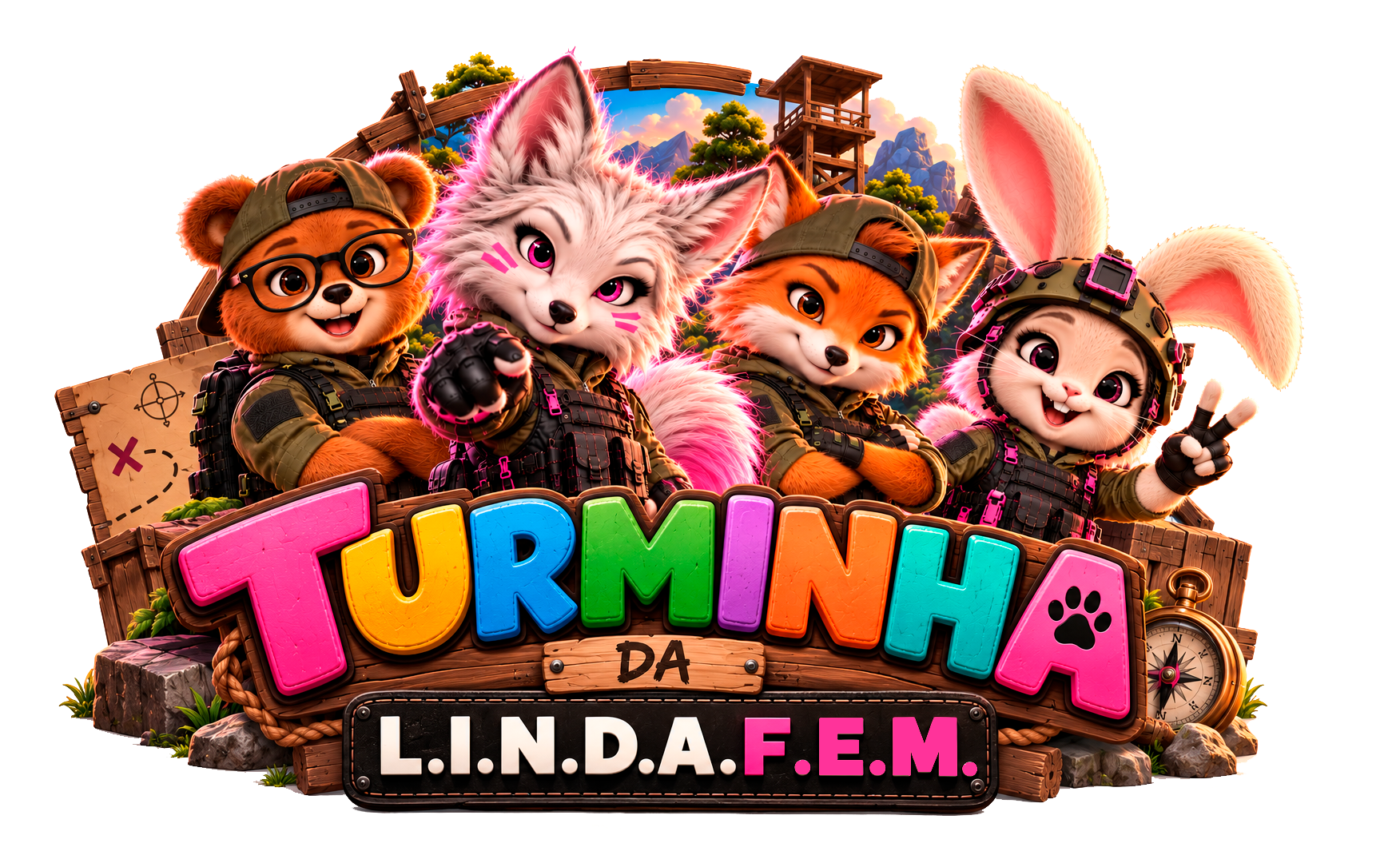 Logomarca colorida da Turminha da LINDAFEM com seus quatro personagens