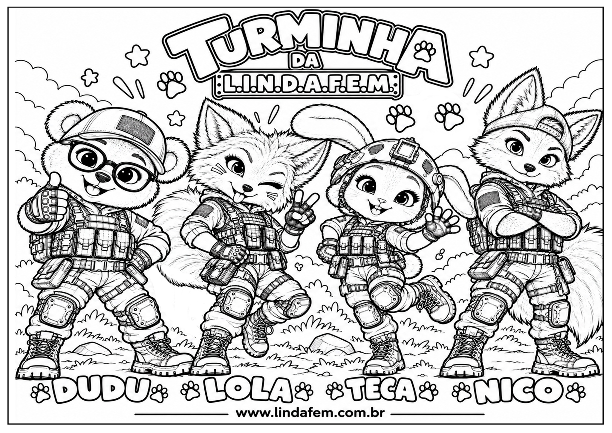 Os quatro amigos da Turminha reunidos, desenho para colorir